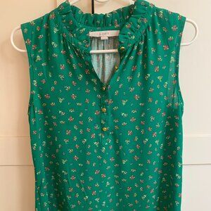LOFT Green Floral Ruffle Sleeveless Blouse
